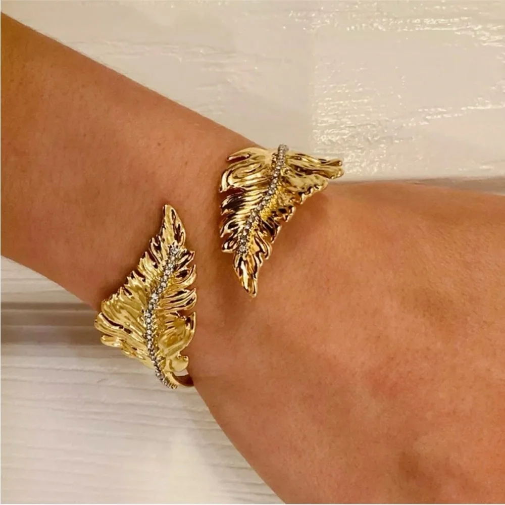 ALEXIS BITTAR • NEW Golden Swarovski Crystal Georgian Feather Bypass Bracelet